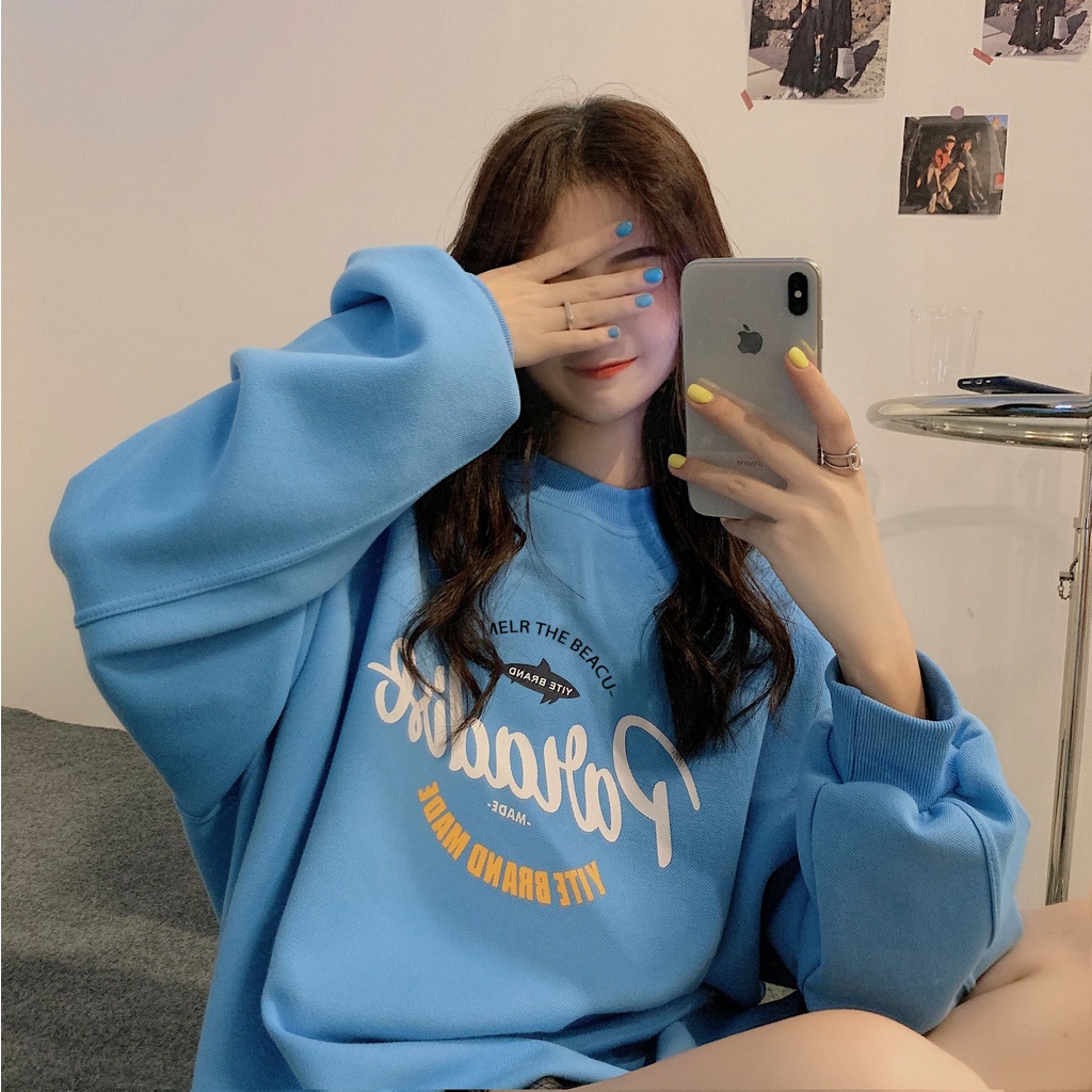 Áo thun tay dài cổ tròn dáng rộng in họa tiết thời trang mùa thu phong cách Hàn Quốc