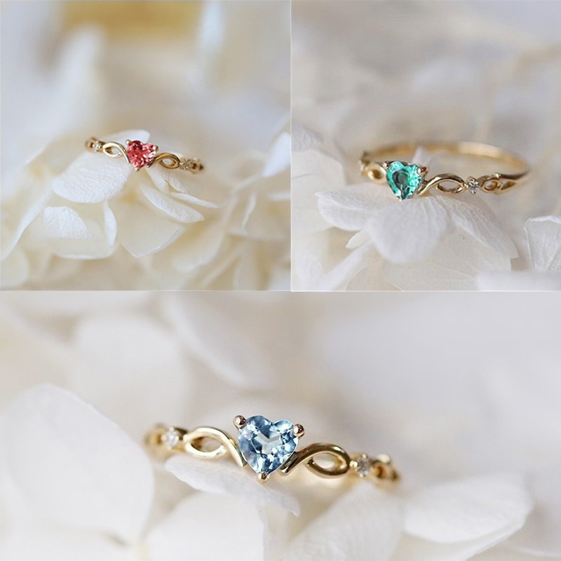 Nhẫn Mạ Vàng/Bạc Đính Đá Hồng Ngọc Hình Trái Tim Size 5 6 7 8 9 10