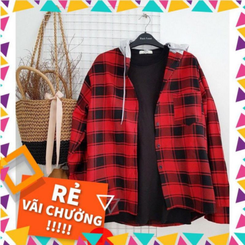 ÁO KHOÁC SƠ MI FORM UNISEX PHỐI SỌC TO CARO CÓ NÓN - TD TEENSHOP