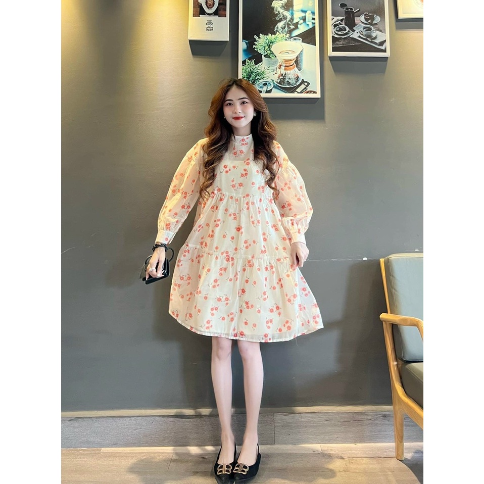 Váy babydoll hoa nhí tay dài cổ trụ đi chơi đi dạo bầu bì bon chen siêu dễ thương