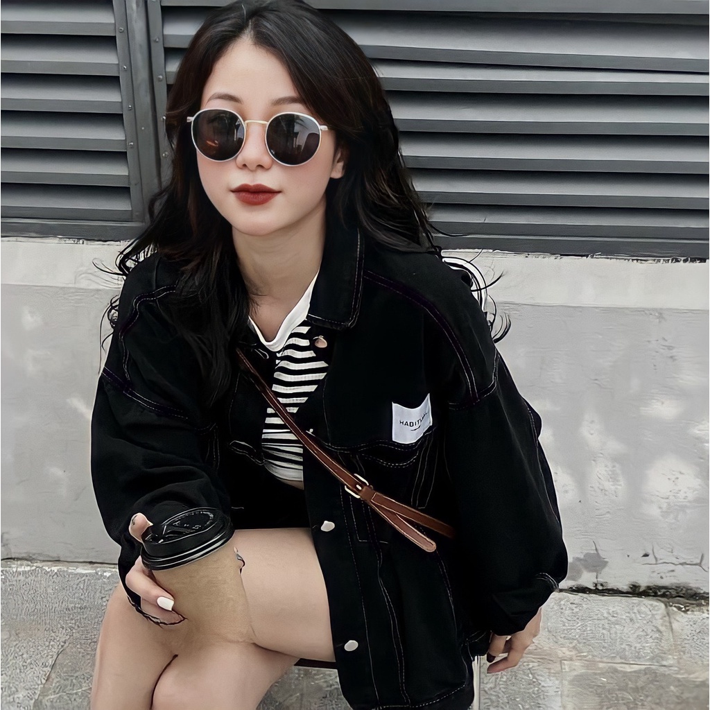 Áo Khoác Bò Nữ Cổ Polo Thêu Logo Cúc Cài Chỉ Nổi Dài Tay Màu Đen Siêu Basic