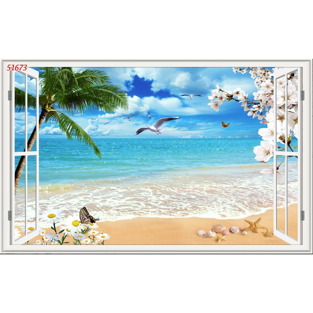 Tranh dán tường 3D khung cửa sổ thiên nhiên trong lành Vải Lụa 3D Cao Cấp