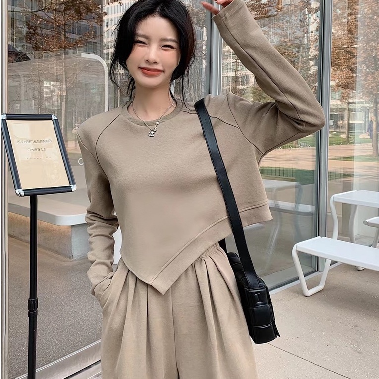 ZHELIHANGFEI Set Áo Thun Tay Dài Phối Quần Dài Lưng Cao Ống Rộng Thời Trang Cá Tính Cho Nữ