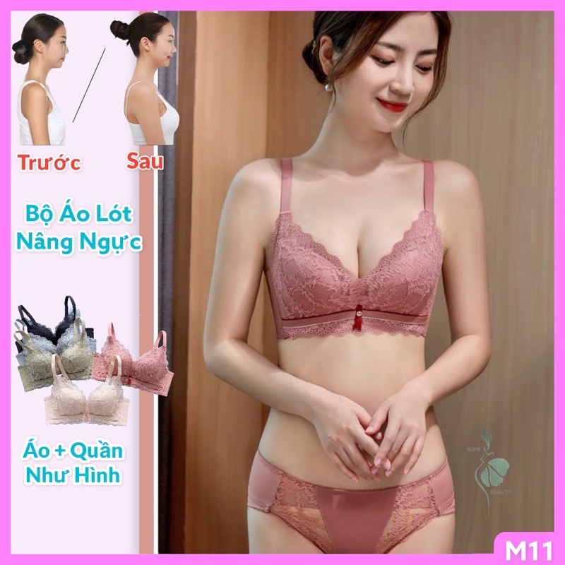 Bộ áo lót nữ không gọng M11 giúp nâng ngực công nghệ mới mút không khí kèm quần lót cùng mẫu hàng Đài Loan
