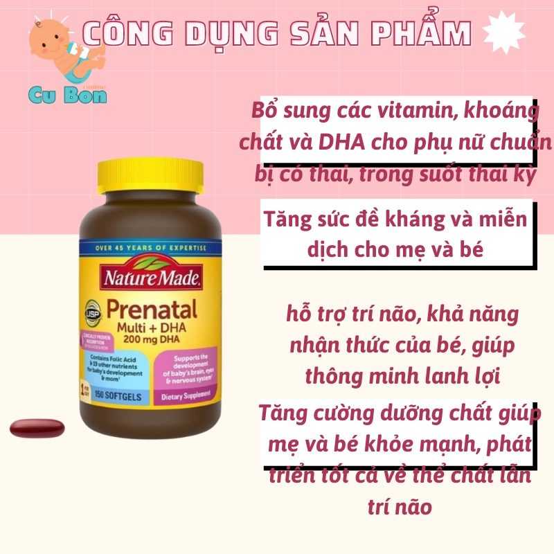 vitamin bầu Nature Made Prenatal Multi - DHA 200mg 150 viên của Mỹ cung cấp 20 loại vitamin Cho Bà Bầu trước và sau sinh