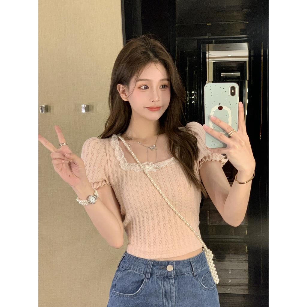 Áo Thun Ngắn Cổ Vuông Thắt Nơ Sau Lưng Thời Trang Cho Nữ