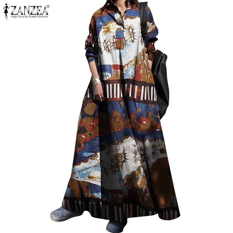 ZANZEA Đầm maxi dáng rộng tay dài họa tiết in thời trang cho nữ