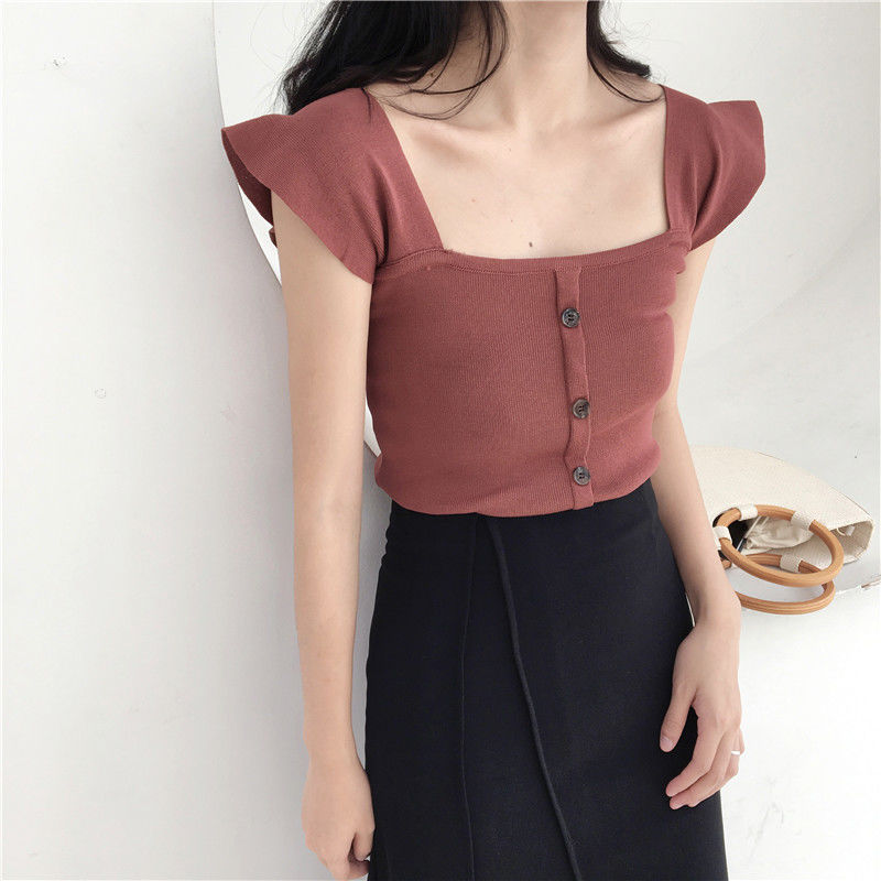 Áo dệt kim BH không tay cổ vuông màu trơn thời trang cho nữ