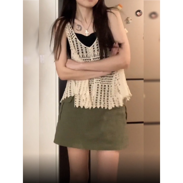 Kumikumi HUANG YOYO Áo Dệt Kim Không Tay Dáng Rộng Khoét Lỗ Thời Trang Mùa Hè Hàn Quốc Dành Cho Nữ 2023 croptop
