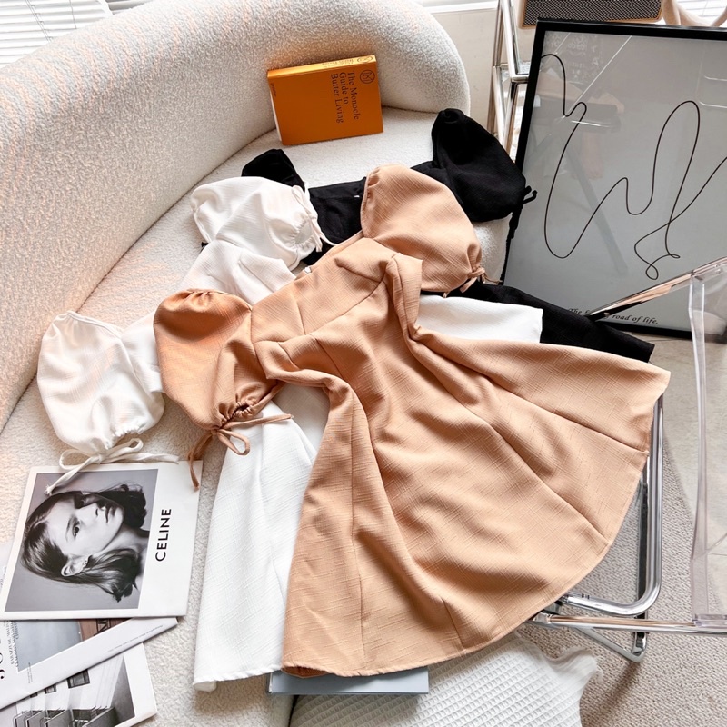 ĐẦM CÚP NGỰC TAY PHỒNG NƠ 3 MÀU