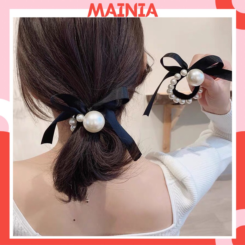 Dây Buộc Tóc Hàn Quốc Đính Nơ Màu Đen Siêu Co Giãn Dây Cột Tóc Xinh Xắn Mainia Shop