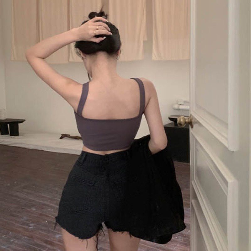 Áo Crop Top Hai Dây Có Mút Đệm Ngực Màu Sắc Đơn Giản Quyến Rũ Dành Cho Nữ