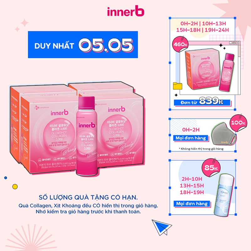 Combo 4 hộp nước uống Collagen Vitamin C sáng da InnerB Glowshot (50mlx6)