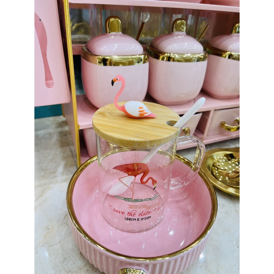 Cốc uống nước hồng hạc kèm thìa và nắp gỗ