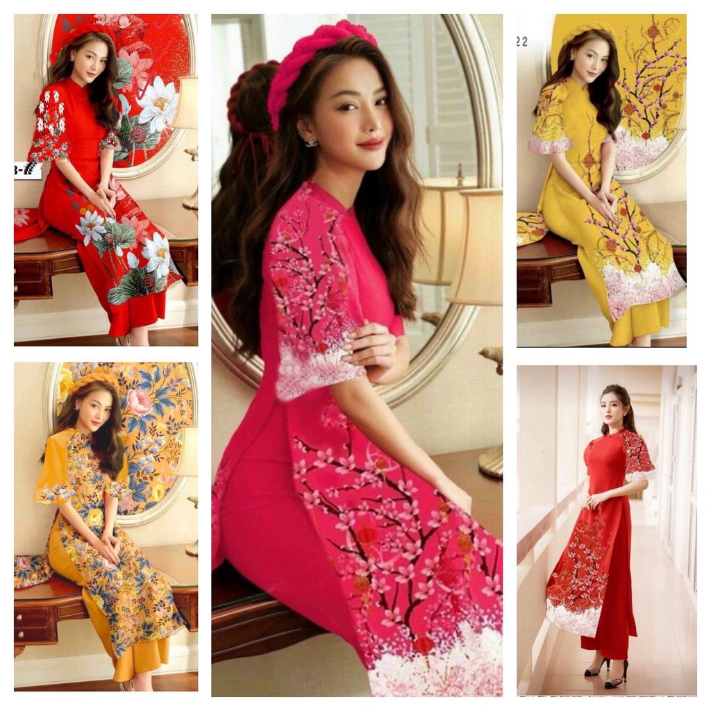 Set Bộ Áo Dài Tết Du Xuân Họa Tiết Hoa Hàng Thiết Kế - BY2108