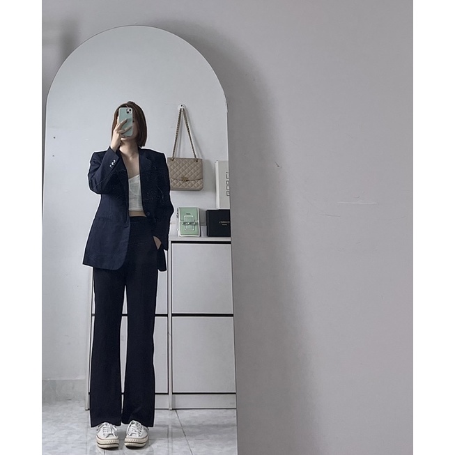 Sét áo Blazer đệm vai hepton và quần tây đen thời trang