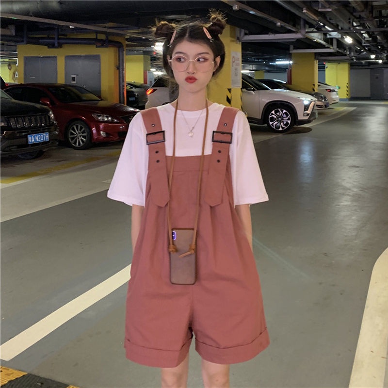 🇲🇾Hàng Có Sẵn Set Áo Thun Dáng Rộng + Quần short Yếm Ngắn + Áo Thun Tay Ngắn Phong Cách Hàn Quốc Thời Trang Cho Nữ