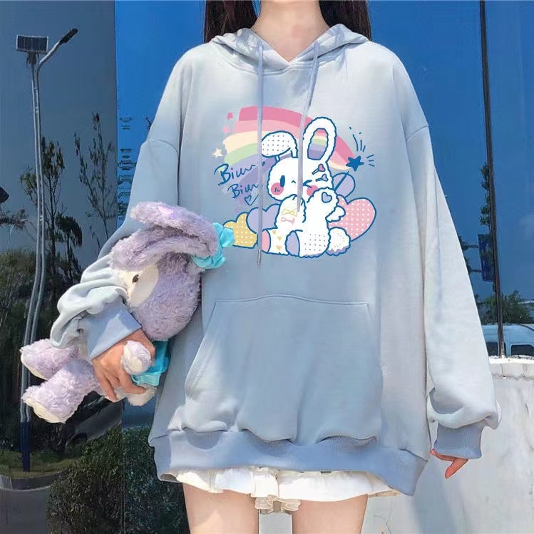 Áo hoodie ZHELIHANGFEI tay dài dáng rộng in hình thỏ cầu vồng phong cách preppy Nhật Bản