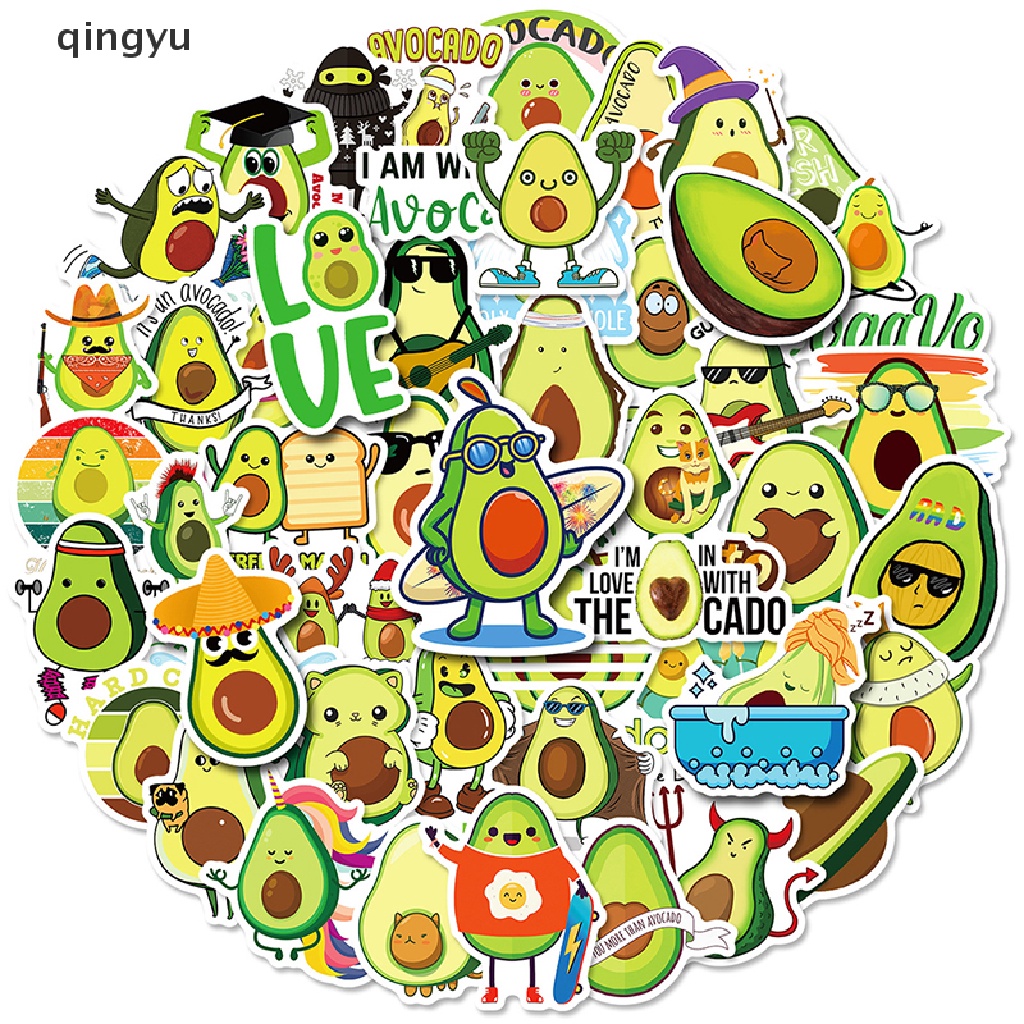 Bộ 50 Miếng Dán Hình Quả Bơ Hoạt Hình Dễ Thương Trang Trí Laptop Guitar Vali Ván Trượt Điện Thoại