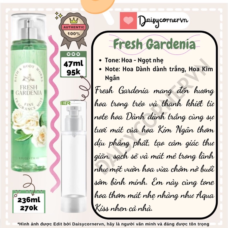 Fresh Gardenia - Xịt thơm Body Mist Bath and Body Works BBW