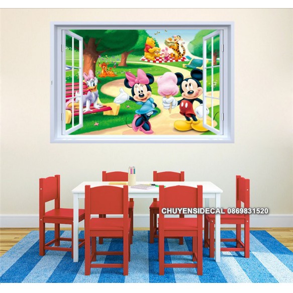Decal dán tường - Cửa Sổ Chuột Mickey và các bạn vui bông gòn