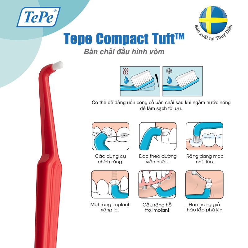Bàn chải đánh răng đầu hình vòm cho người niềng răng, chỉnh nha, răng implant riêng lẻ Tepe Compact Tuft