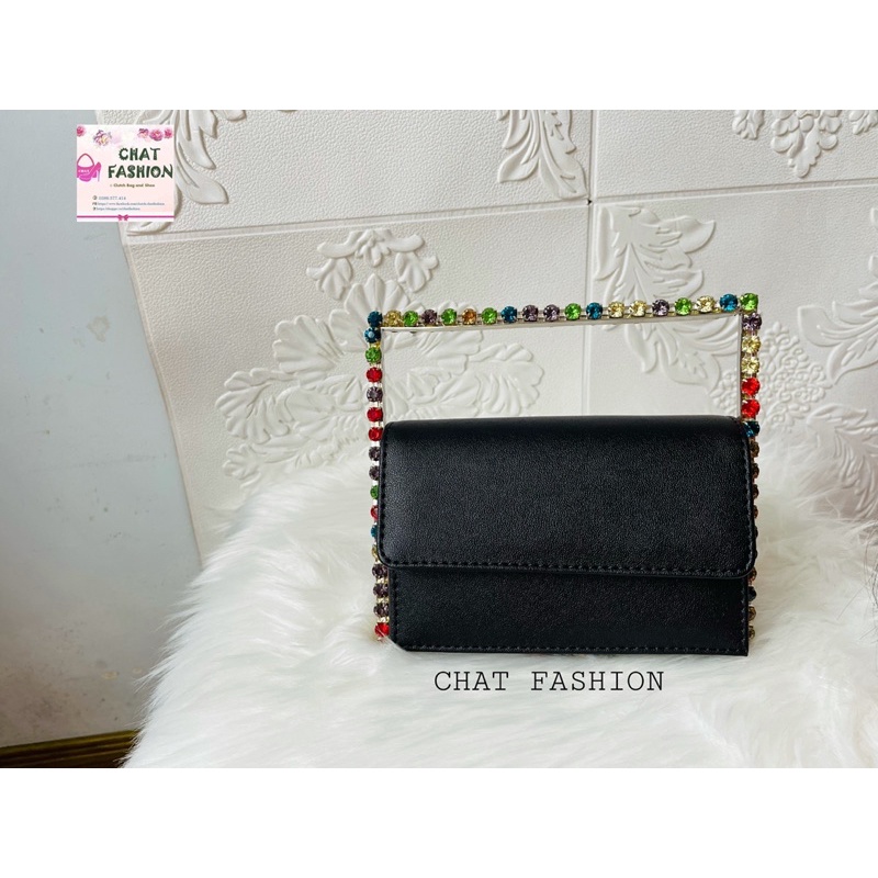 Túi clutch dự tiệc vuông nắp gập cá tính viền đá (Sale xả kho)