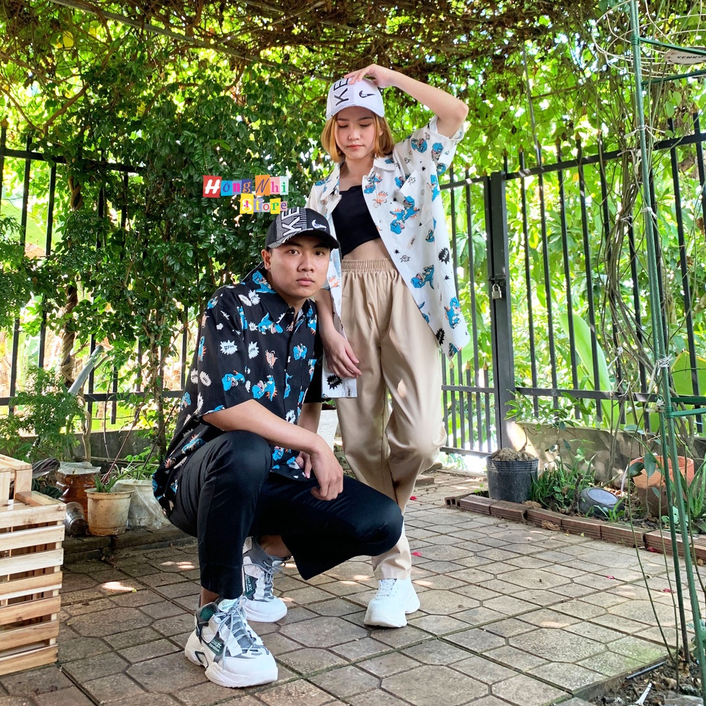 Áo Sơ Mi Hoạ Tiết Khủng Long Tay Lỡ Dáng Rộng Ulzzang Unisex, Sơ Mi Đi Biển - MM
