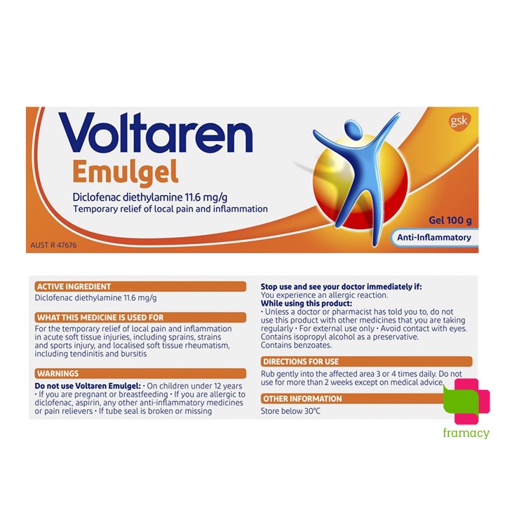 Gel bôi Voltaren Emulgel, Úc (100g) giảm đau mỏi cơ, bong gân, nhức khớp