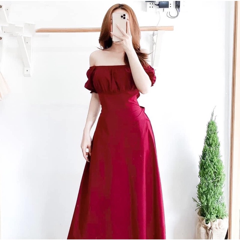 Đầm váy đỏ trễ vai nhúng ngực form dài