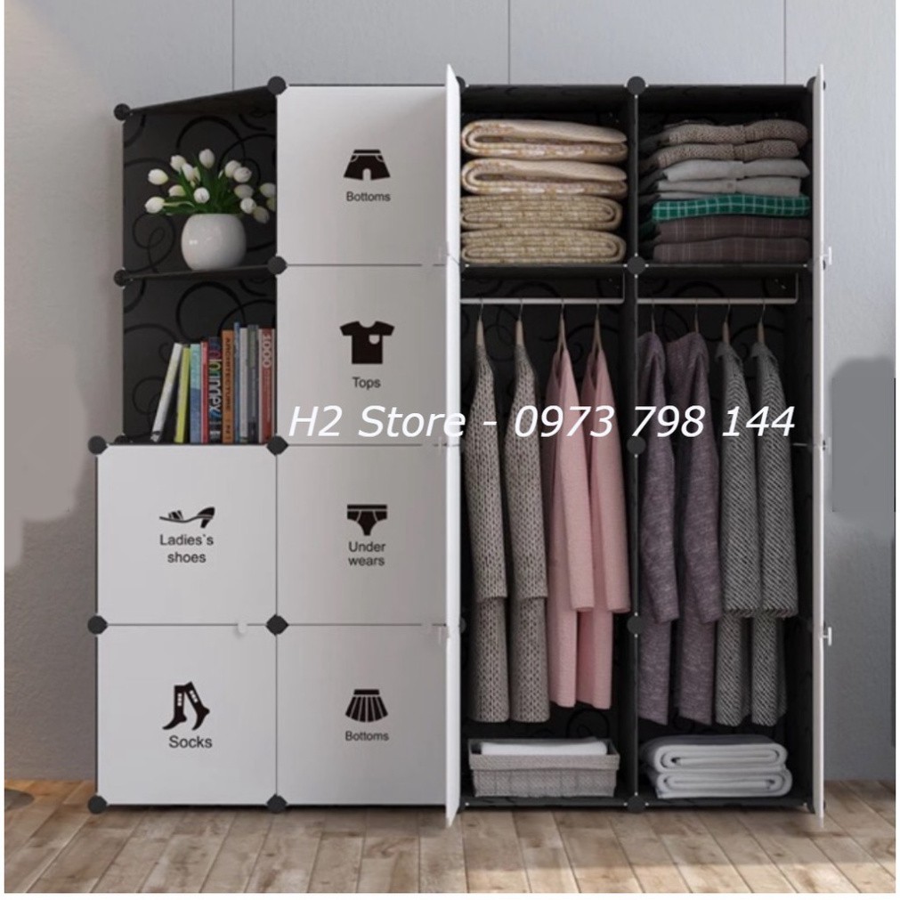 TỦ NHỰA LẮP GHÉP ĐA NĂNG 14 Ô & 2 KỆ GÓC HÌNH QUẦN ÁO ĐỂ ĐỒ THÔNG MINH SÂU 47CM ( VÁCH ĐEN VÀ TRẮNG )
