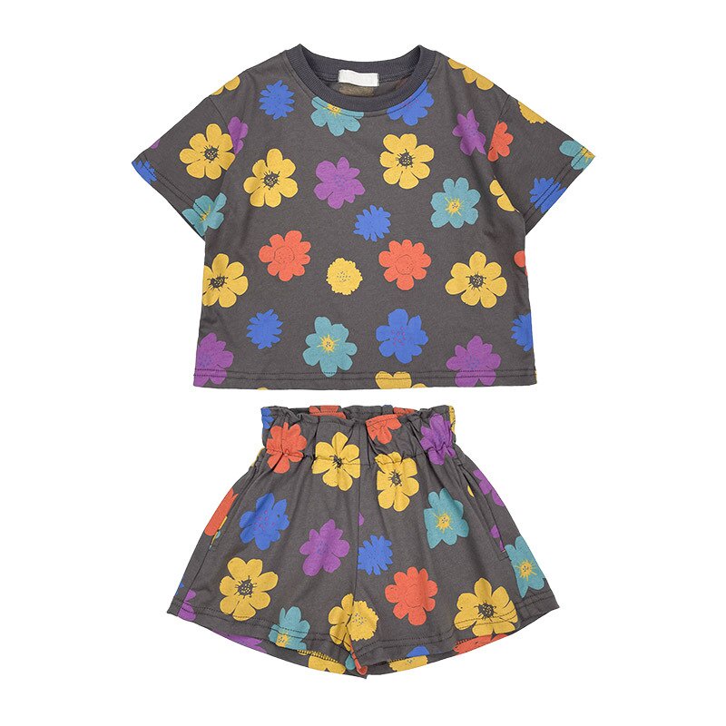 Set Đồ Thể Thao Gồm Áo Thun Cotton In Hoa + Quần Ngắn Mùa Hè Cho Bé Gái 2-7 Tuổi