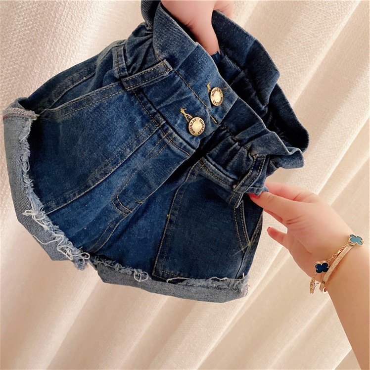 Quần bò cho bé, Quần jeans ngắn phối cạp nhún 2 cúc khóa cực điệu cho bé gái chất mềm đẹp phong cách Hàn Quốc