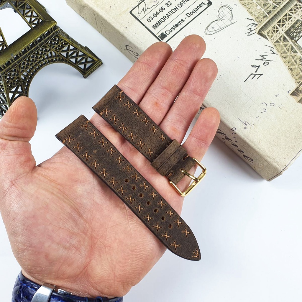 Dây đồng hồ thủ công da bò sáp AL117VB   Size 20/Size 22 - 100% da bò thật, BH 3 năm