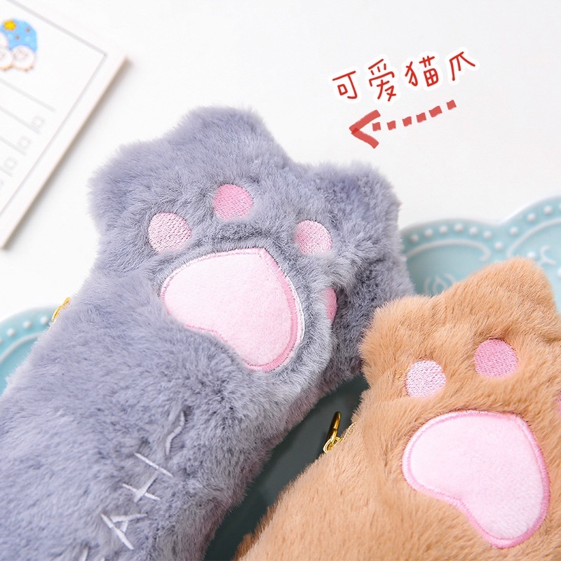 Túi Đựng Bút Hình Chân Mèo Phối Lông Mềm Sức Chứa Lớn Dễ Thương