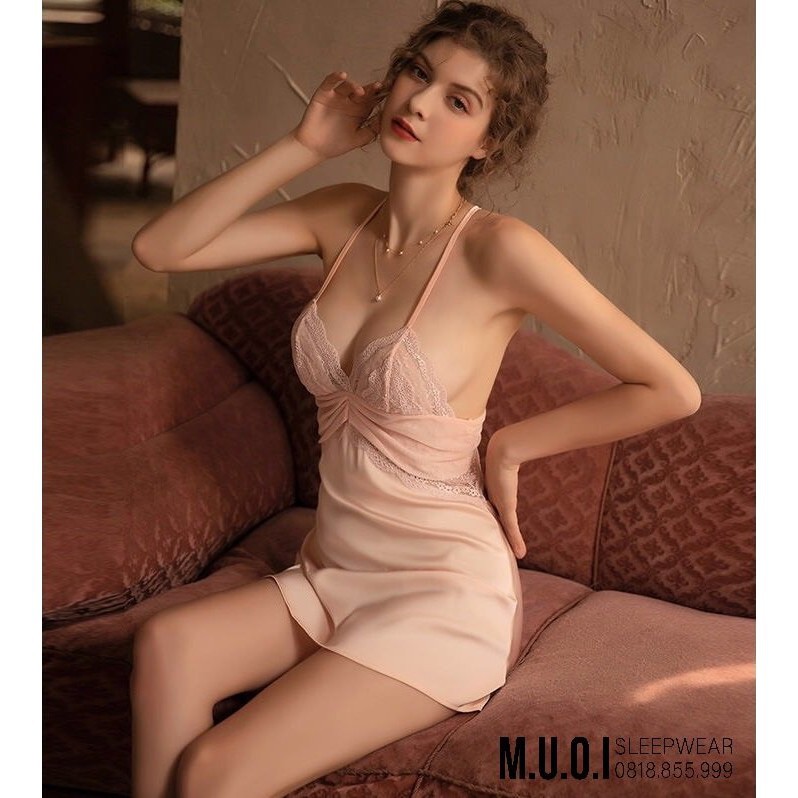 Váy ngủ lụa sexy hở lưng ren ngực hack dáng hot hit QUẢNG CHÂU cao cấp