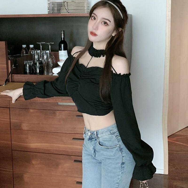 Áo vải voan tay dài cổ yếm thân ngắn thiết kế gợi cảm thời trang cho bạn gái | BigBuy360 - bigbuy360.vn