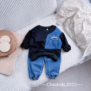 Bộ da cá phối jean 1 bên bé trai