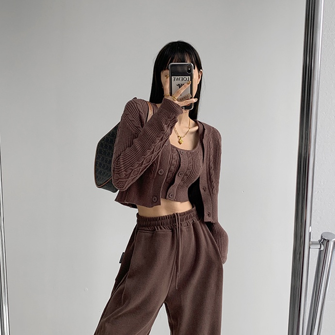 Set đồ SUXI gồm áo khoác cardigan dệt kim + áo croptop phong cách vintage cho nữ