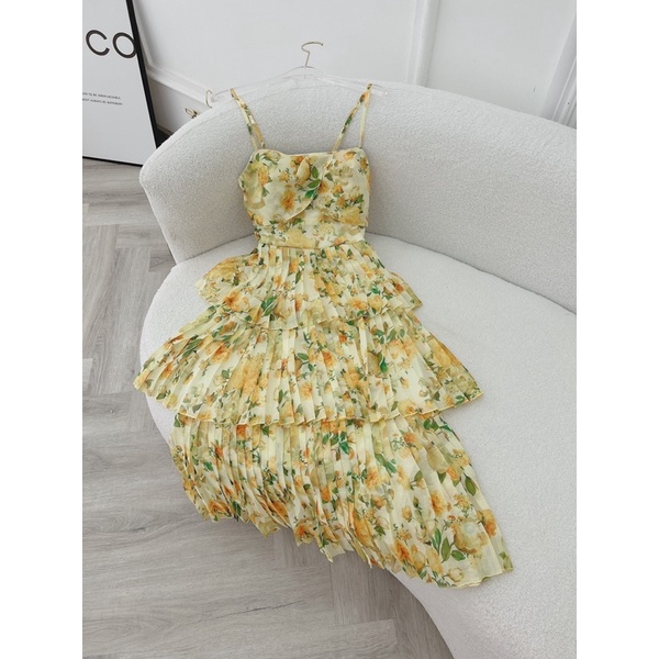 ĐẦM HOA VÀNG TẦNG 2 DÂY NHÍU NGỰC MIDI