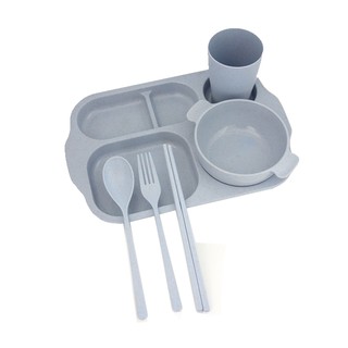 Set khay đựng đồ ăn lúa mạch kèm cốc bát đũa thìa dĩa
