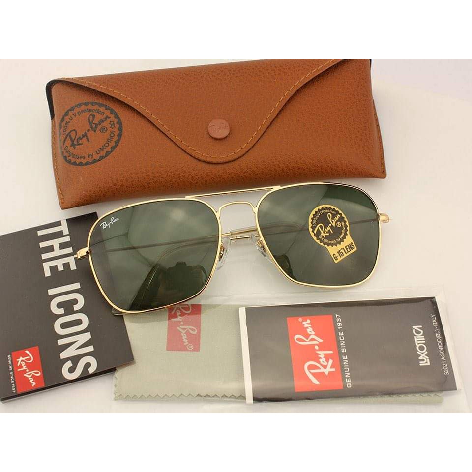 Kính mát chính hãng Rayban Caravan RB3136 001 58 mắt vuông màu mắt green lense classic