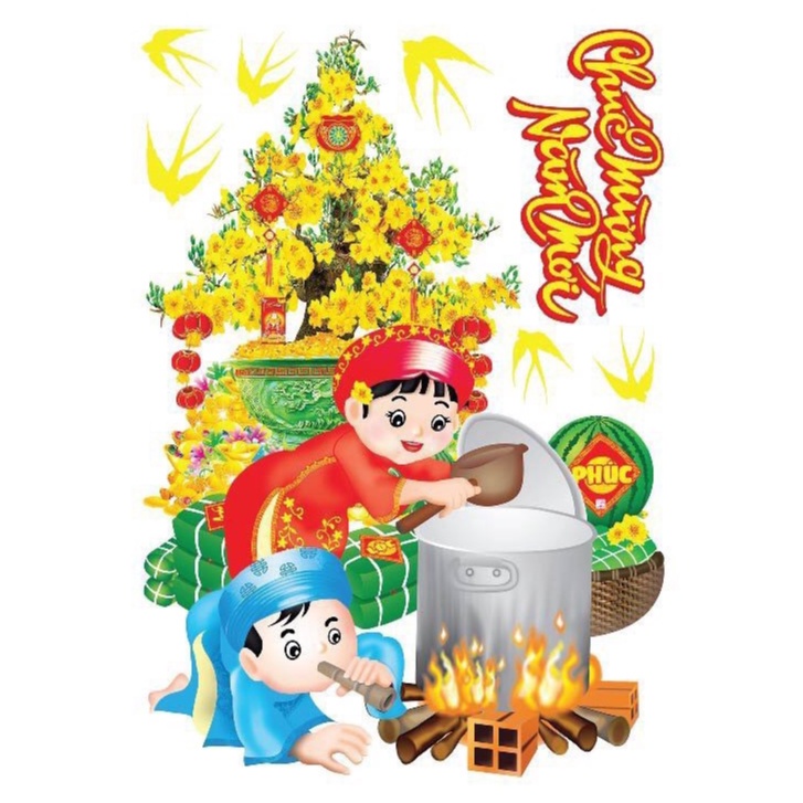 Decal trang trí tết họa tiết nổi nấu bánh chưng mẫu 22