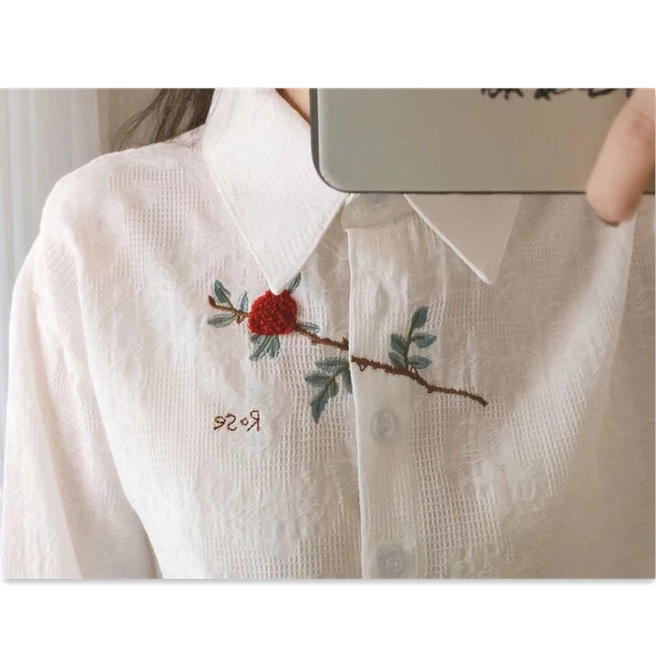 Áo Sơ Mi Nữ Tay Dài Thêu Hoa Hồng Thời Trang