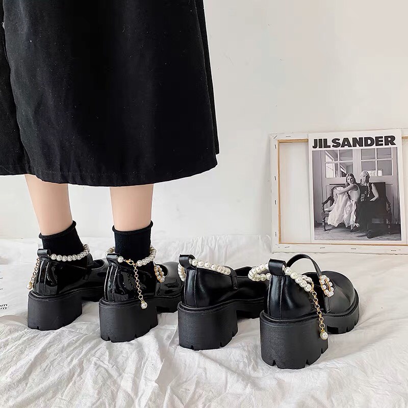 Giày búp bê nữ đế cao 5p gót vuông chất da bóng, Giày oxford nữ mũi tròn quai đính ngọc chất da bóng/ lì hottrend