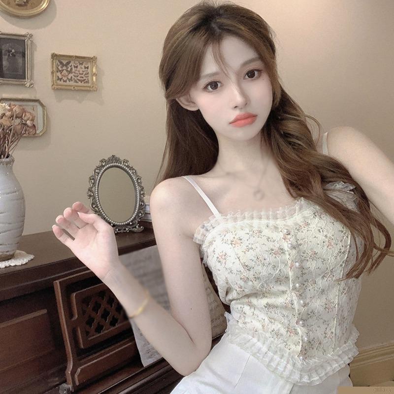 Áo croptop hai dây phối ren phong cách Hàn Quốc cổ điển quyến rũ dành cho nữ
