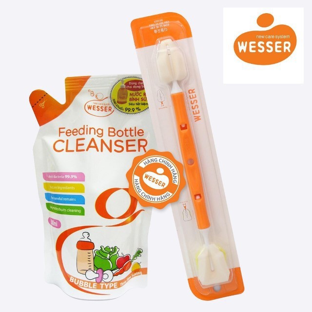 (Made in Korea) Nước Rửa Bình Sữa Kháng Khuẩn 500ML + Dụng cụ vệ sinh cọ rửa bình sữa đa năng Wesser (Made in Vietnam)
