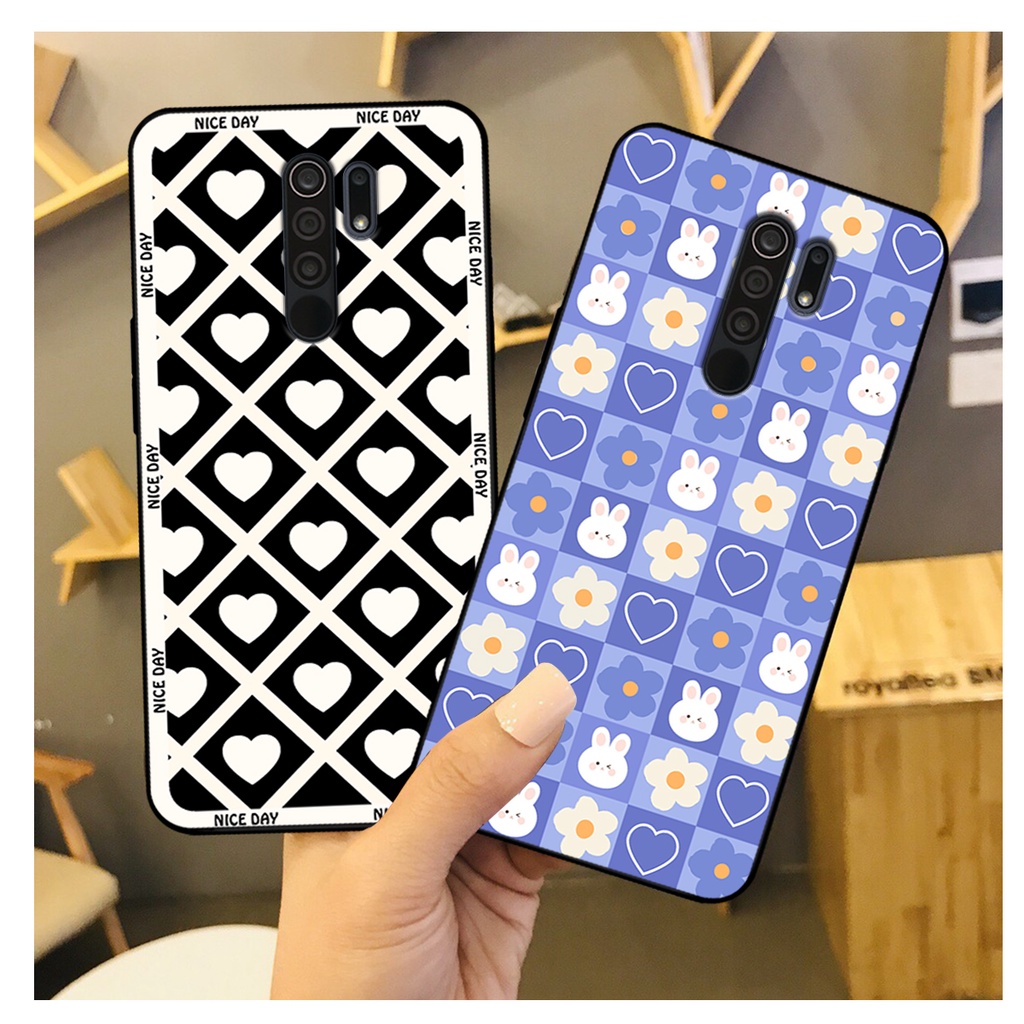 Ốp lưng Xiaomi Redmi 9 in hoạ tiết caro trái tim đen trắng, gấu bear cute đáng yêu