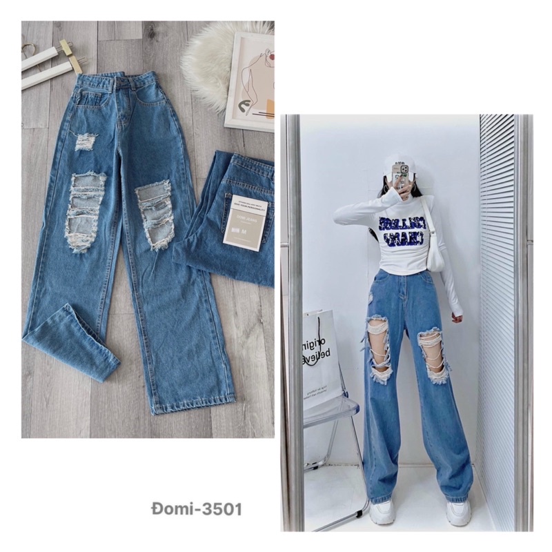 Quần bò ống rộng, jean nữ rách gối tua rua màu xanh đậm siêu cá tính hack dáng hàng cao cấp Lê Huy Fashion MS 3501