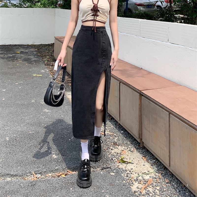 Chân váy jean Lưng Cao Dáng Chữ a Xẻ Tà Phong Cách Hàn Quốc Thời Trang Cho Nữ